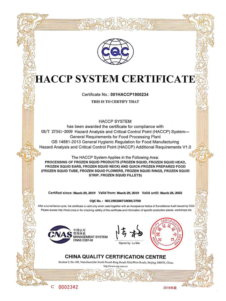 HACCP System Certificate certificate